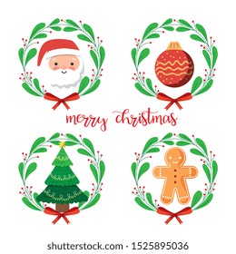 christmas laurel wreaths with santa claus tree cookies. vector illustration