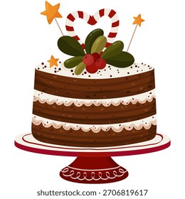 Pastel de Navidades con bayas y bastón de caramelo - Ilustración de postre festivo de Festiva