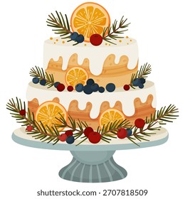 Christmas Layer Cake with Oranges and Berries - Festive Winter Holiday Dessert Illustration. Perfect for holiday cards, posters, bakery packaging and seasonal digital designs