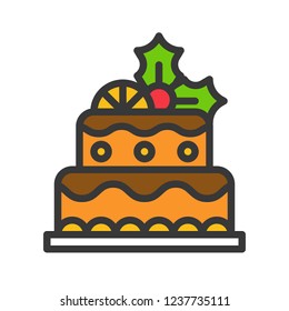 christmas layered fruit cake icon decoration with mistletoe  editable outline