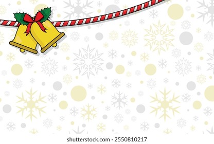 Christmas Layout Design - Hanging Golden Bells Decorated with Leaves and Bow on Gold and Silver Snowflakes Background. Black Outline Version.