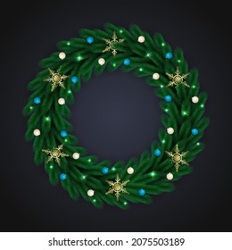 Christmas leaf with golden snowflake balls and lights wreath design