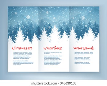 Christmas leaflet design template with winter spruce forest landscape and falling snow.