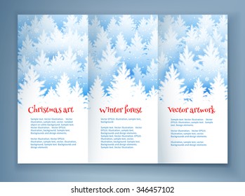 Christmas leaflet design template with winter spruce forest silhouette landscape and falling snow.