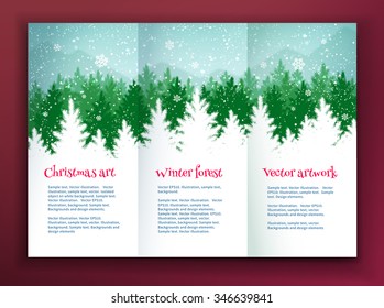 Weihnachtsblatt-Design-Vorlage mit Winterfichte grüner Waldsilhouette-Landschaft und fallendem Schnee.