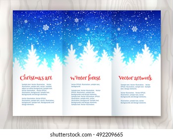 Christmas leaflet design template with winter spruce forest landscape and falling snow on wooden texture background.
