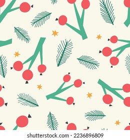 Patrón de fondo vectorial de hojas y bayas de Navidad. Moderna ilustración festiva de moda con estrellas doradas.