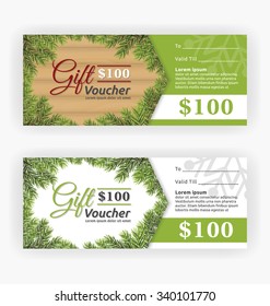 Christmas leaves border theme, gift voucher certificate template. Vector illustration