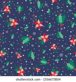 Christmas leaves and flowers seamless pattern with snow background