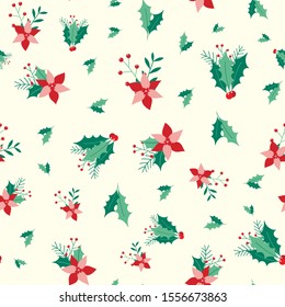 Christmas leaves and flowers seamless pattern