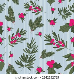 Christmas leaves and green herbs seamless pattern. Cold grey background with fir plants, herbs, and berries. Deep grey, vector, winter background