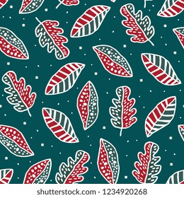 Christmas leaves seamless pattern with hand drawn natural drawing floral colorful background, green and red colors. Vector illustration ready for print.