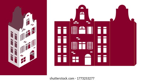 Christmas LED light box template for laser cut. Silhouette of Amsterdam style paper houses lantern. Buildings in old European fashion. Wood carving template. Scalable vector. Die paper cutout.