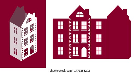 Christmas LED light box template for laser cut. Silhouette of Amsterdam style paper houses lantern. Buildings in old European fashion. Die paper cutout. Wood carving template. Scalable vector. 