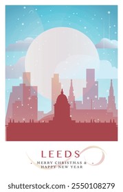 Cartaz retro de Natal Leeds para festas de inverno, Ano Novo no Reino Unido. Reuniões, férias felizes e feliz xmas de Yorkshire, Inglaterra, Reino Unido vetor postcard layout