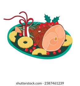 Christmas leg ham with pineapples and cranberries.Winter holiday meal on festive dish, decorated with pieces of fruit and sprigs of rosemary.Roasted pork for Xmas party.Vector illustration  on white.