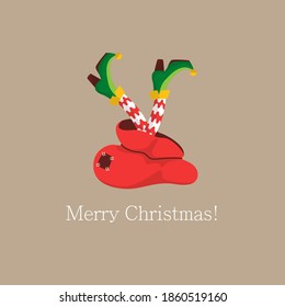 Christmas legs of the elf. Shoes for the feet of elves, the leg of the gnome's helpers of Santa Claus in a set of pants. Shoes, funny striped socks and boots. Vector illustration