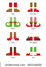 Christmas legs set. Merry Christmas background or banner with set of elf legs. Elven shoes and striped stockings icons. Cute santa helpers elves feet, boots. Vector illustration