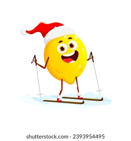 Christmas lemon fruit character skiing with Santa Claus red hat. Tropical citrus vector personage standing on snow with skis and ski poles. Happy smiling lemon skier emoji, winter outdoor activity