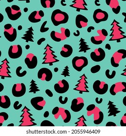 Christmas leopard print. Christmas tree Leopard Pattern. Camouflage leopard vector seamless pattern on green background. Leopard skin texture. 