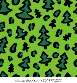 Christmas Leopard seamless pattern. Trendy animal print made of Christmas trees. Vector background for fabric, textile, wallpaper, wrapping paper, etc