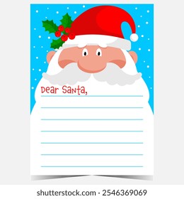 Plantilla en blanco de la letra de la Navidad con el carácter lindo de Santa Claus y su barba larga y las líneas vacías para llenar por los niños con el mensaje de la felicitación o la lista de deseos durante las vacaciones de invierno.