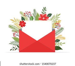 Christmas letter coming out of envelope. Blank white paper for writing Xmas message. Vector illustration