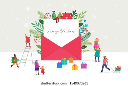 Christmas Letter Coming Out Of Envelope. Blank White Paper For Writing Xmas Message. Vector Illustration