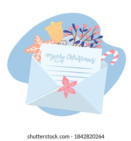 Christmas letter coming out of envelope. Blank white paper for writing Xmas message. Vector illustration