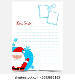 Christmas letter with Dear Santa words, empty lines to fill out by kids with congratulation message or wish list during winter holidays. Ready to print or for web vector illustration.