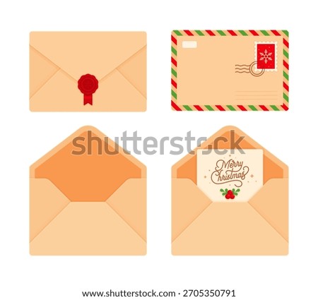 Christmas letter and envelope set with festive decorations. Holiday mail, greeting card, postage, and celebration concepts. Flat vector illustration isolated on white background