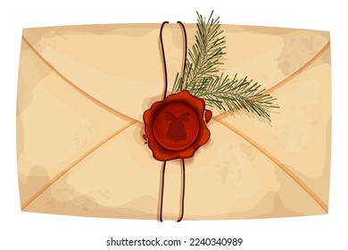 Christmas letter, envelope with stamp, seal and pine branch in cartoon style isolated on white background. Greeting, decoration. Vintage textured paper. 
