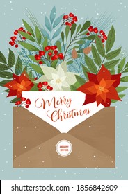 Christmas letter with flower and plants. Vector Holiday poster with poinsettias, holly berries, rowan, fir and playing be branches. Xmas and NY card

