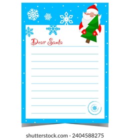 Christmas letter with funny Santa character holding a Christmas tree, snowflakes in the background and empty lined space to write a message to Santa.