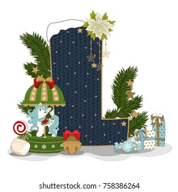 Christmas letter L. New year elements. Vector illustration.