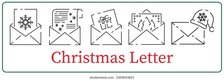 Christmas letter line icon set. Greeting card. New Year celebration. Festive moments and festive decorations. Christmas and New Year holidays concept. Isolated vector