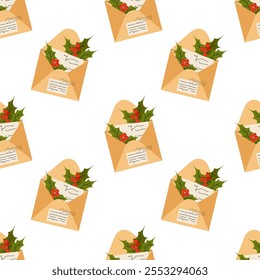 Christmas letter. Paper envelope with a note decorated with ilex berries. Christmas seamless pattern. For textile, wrapping paper, background.