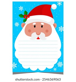 Christmas letter or postcard template with empty lines to complete on the beard of cute Santa character. Christmas wish list for kids to fill out during winter holidays and send it to North Pole.