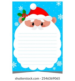 Christmas letter or postcard template to fill out with congratulation and wish list on empty lines on the beard of cute Santa Claus character. Document ready to print or for web.