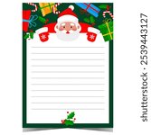 Christmas letter to Santa blank template with empty lines to complete by children. Christmas postcard with cute Santa Claus character and traditional decorations.