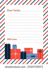 Christmas letter to Santa with blank template, Christmas postcard to Santa Claus with wish list and empty lines for filling by children during winter holidays celebration. Vector illustration.