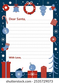 Christmas letter to Santa with blank template, Christmas postcard to Santa Claus with wish list and empty lines for filling by children during winter holidays celebration. Vector illustration.