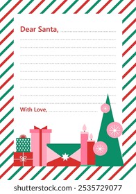 Christmas letter to Santa with blank template, Christmas postcard to Santa Claus with wish list and empty lines for filling by children during winter holidays celebration. Vector illustration.