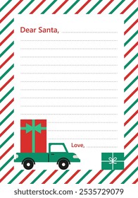 Christmas letter to Santa with blank template, Christmas postcard to Santa Claus with wish list and empty lines for filling by children during winter holidays celebration. Vector illustration.