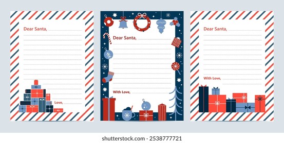 Carta de Navidad a Papá Noel con Plantilla en blanco, postal de Navidades a Papá Noel con lista de deseos y líneas vacías para llenar por los niños durante la celebración de las fiestas de invierno. Ilustración vectorial.