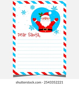 Carta de Navidad a Santa Plantilla en blanco con líneas vacías para llenar por los niños durante las vacaciones. Ilustración vectorial de Navidades postal con lindo personaje de Santa Claus y copos de nieve.