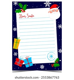 Christmas letter to Santa blank template with empty lines to fill out by kids during winter holidays. Vector document for wish list or Christmas postcard with congratulation message.