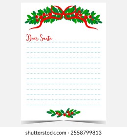 Christmas letter to Santa blank template in a minimalist style with empty lines to fill out by children during winter holidays. Ready for web or for printing Christmas postcard or wish list.