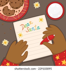 Christmas letter to Santa Claus from an African American child in red pajamas, vector.