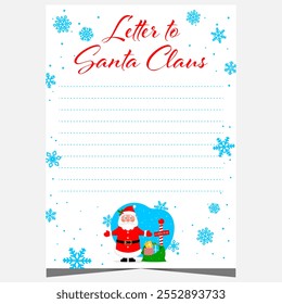 Christmas letter to Santa Claus with empty lines to fill out by kids during winter holidays. Vector blank template for Christmas wish list, congratulation postcard with cute Santa character.